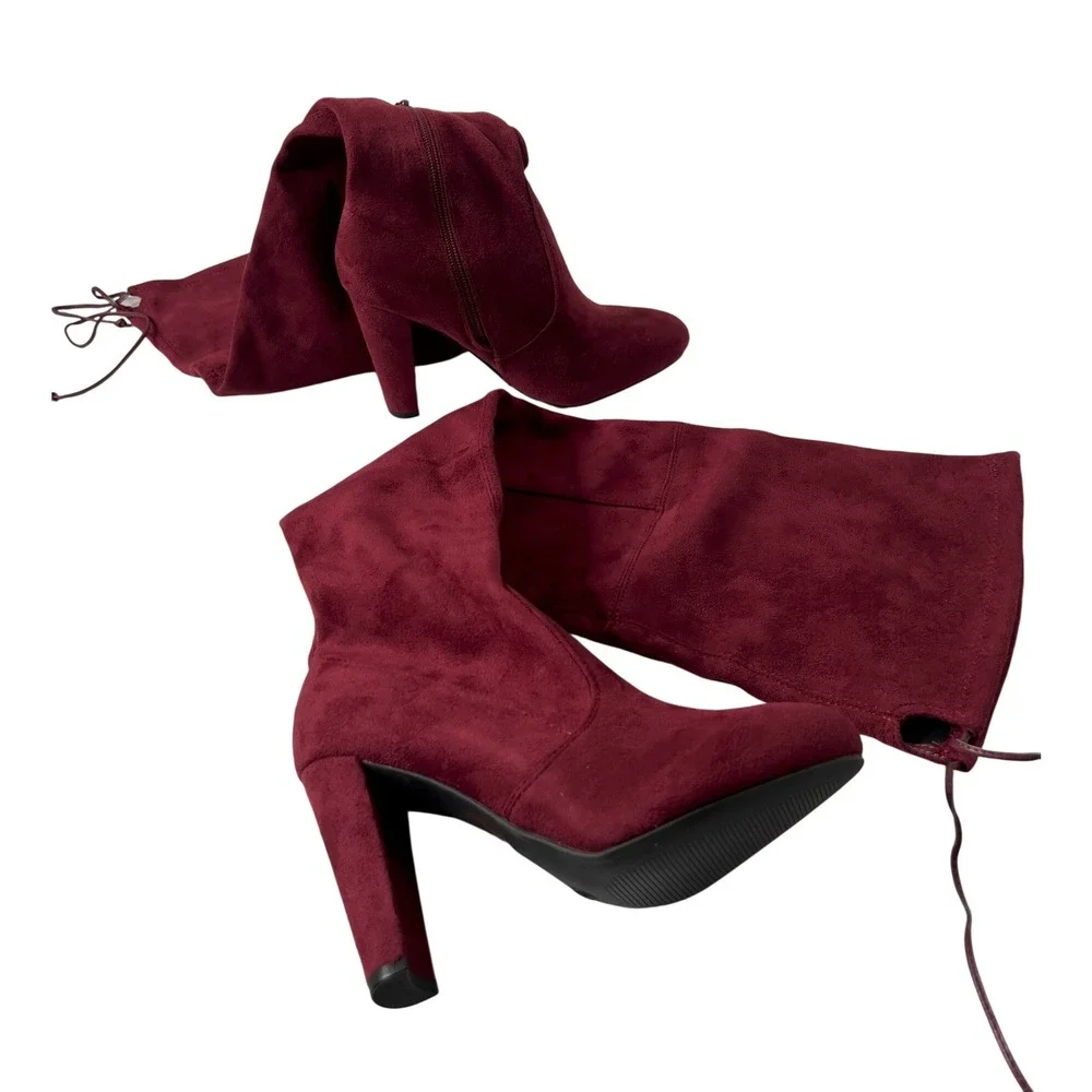 Burgundy Faux Suede Over‎ The Knee Block Heel Boots Pointed Toe Wine Red Size 7